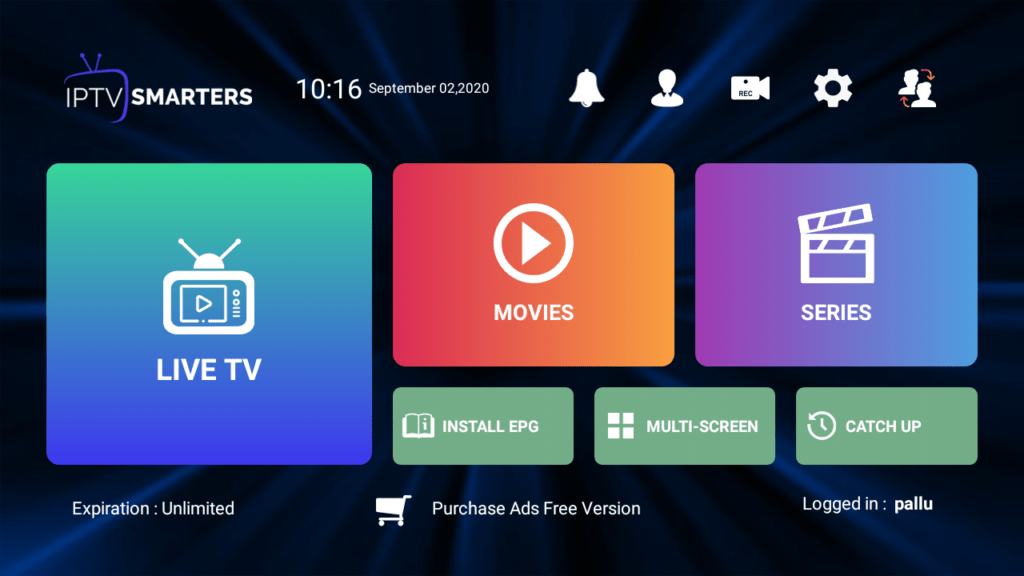 Dashboard of iptv smarters for android